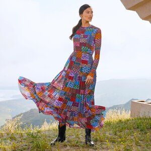 NWT Johnny Was Isadora Waves Mesh Midi Dress Patchwork Long Sleeve Boho Size XL